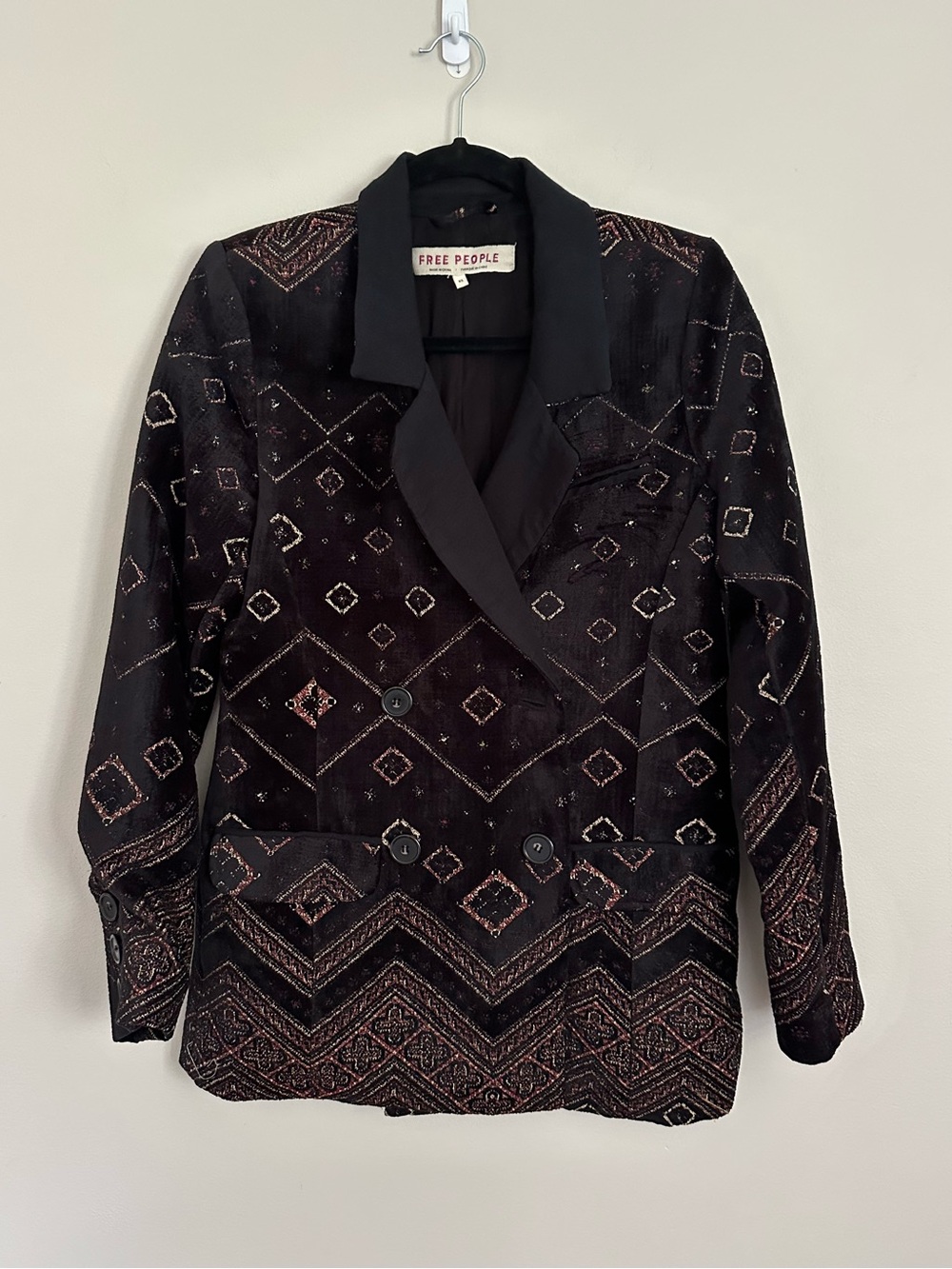 Free People Black Velvet Blazer XS Boho Southwestern Double Breasted Jacket